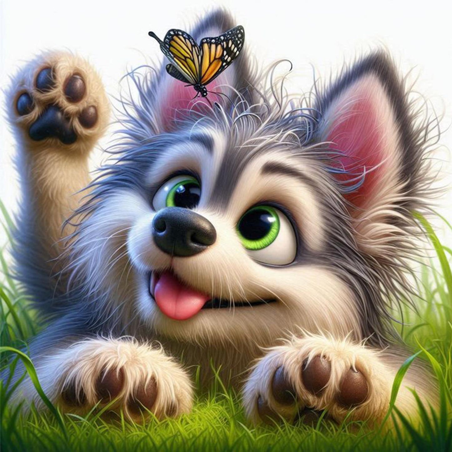 Little Wolf And Butterfly - Full 18CT Stamped Cross Stitch 20x20CM - Huacan
