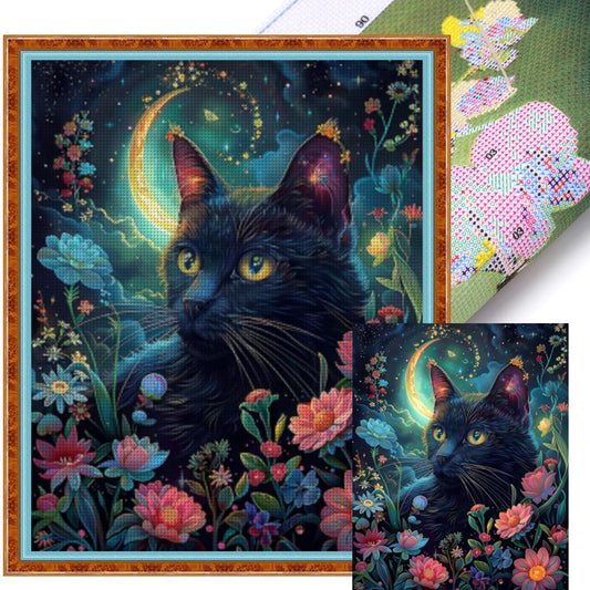 Flower & Grass Black Cat - Full 11CT Stamped Cross Stitch 40x50CM - Huacan