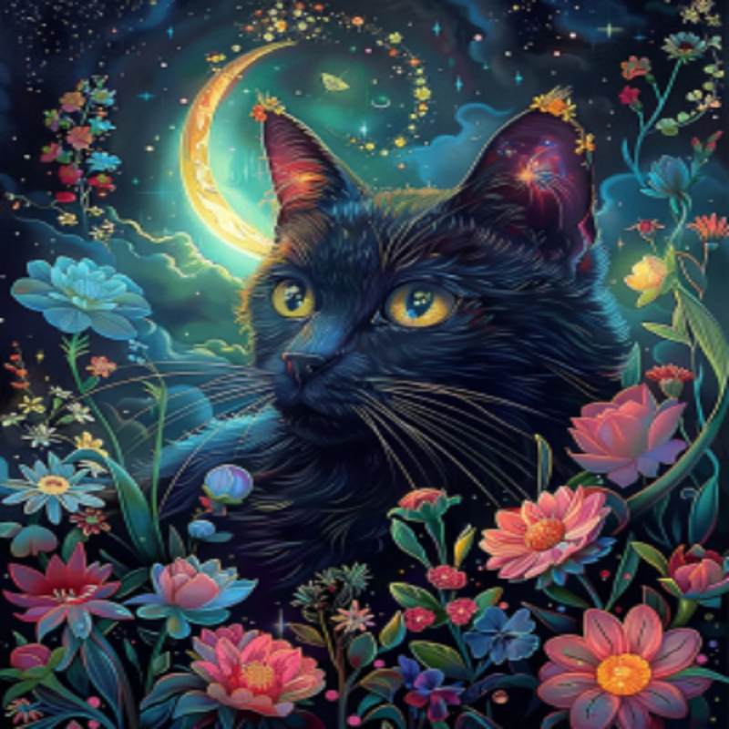 Flower & Grass Black Cat - Full 11CT Stamped Cross Stitch 40x50CM - Huacan