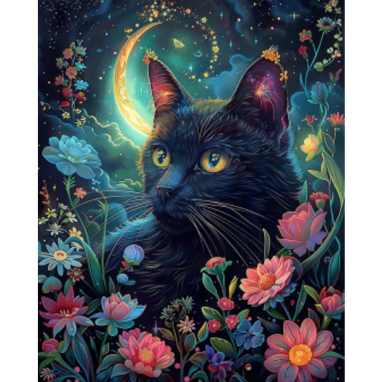 Flower & Grass Black Cat - Full 11CT Stamped Cross Stitch 40x50CM - Huacan