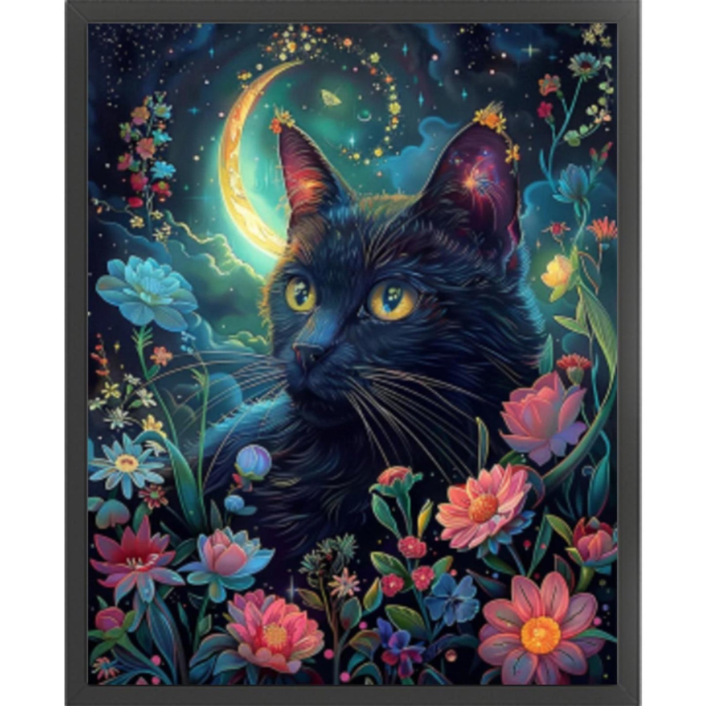 Flower & Grass Black Cat - Full 11CT Stamped Cross Stitch 40x50CM - Huacan