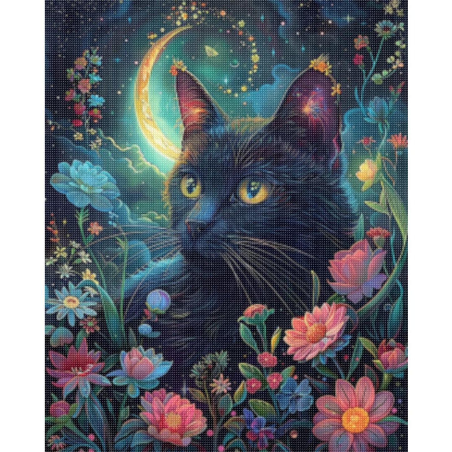 Flower & Grass Black Cat - Full 11CT Stamped Cross Stitch 40x50CM - Huacan