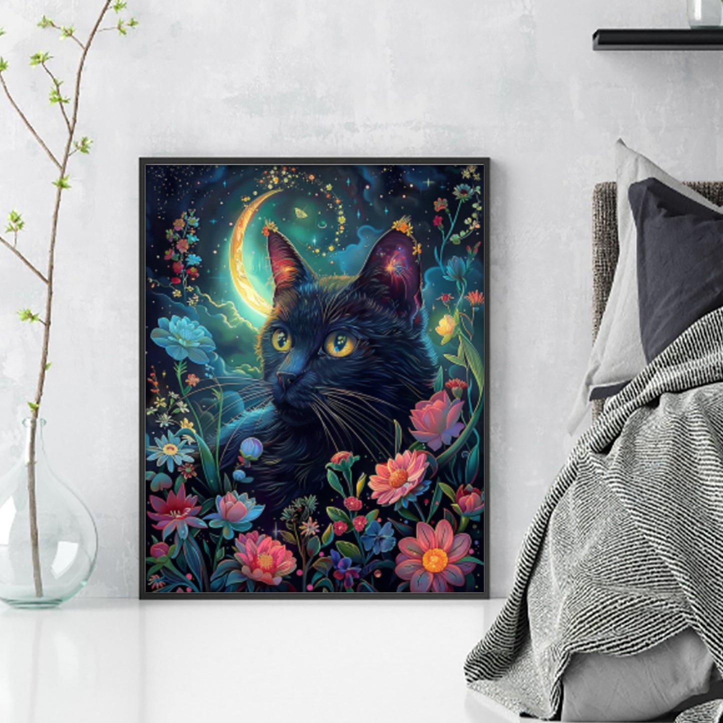 Flower & Grass Black Cat - Full 11CT Stamped Cross Stitch 40x50CM - Huacan
