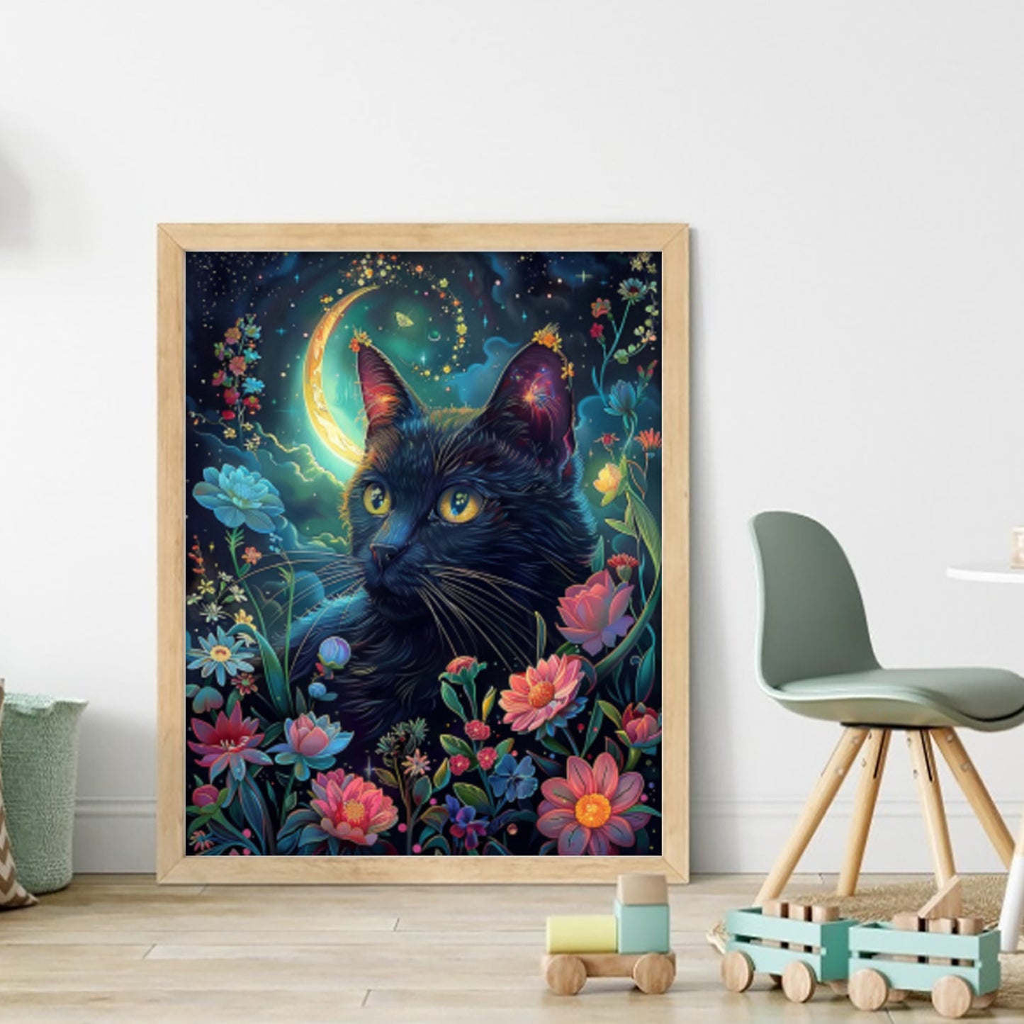 Flower & Grass Black Cat - Full 11CT Stamped Cross Stitch 40x50CM - Huacan