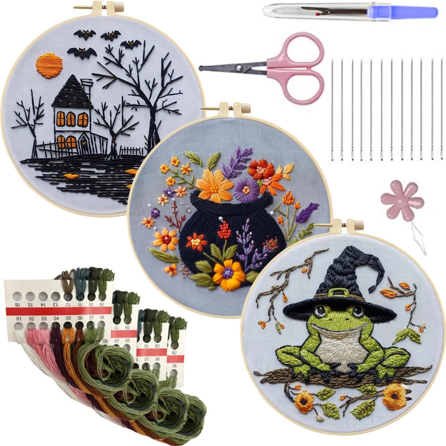 3PCS Halloween - DIY Embroidery Cross Stitch Kit with Pattern Cotton Threads Needles Hoop 25x25CM/9.84x9.84in