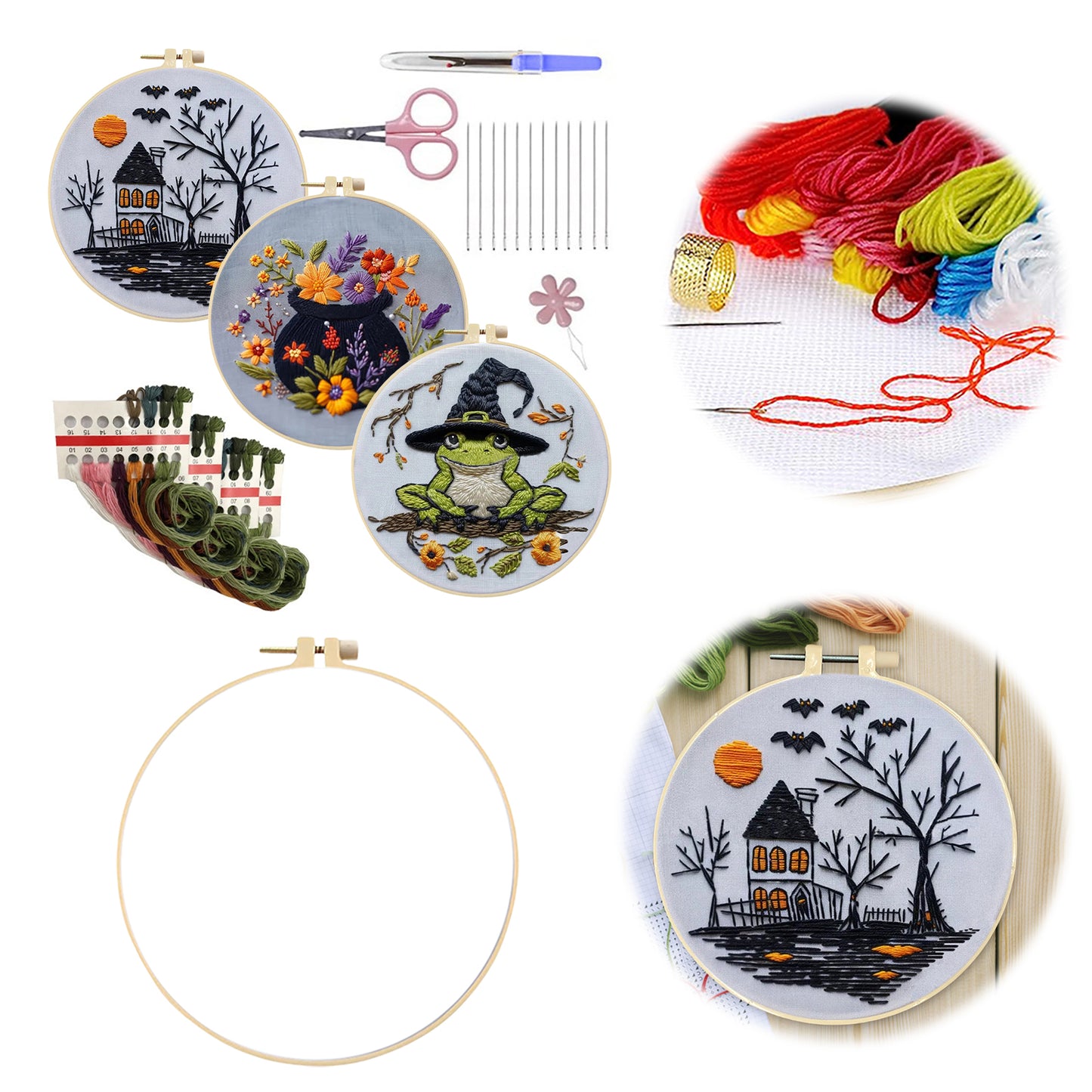 3PCS Halloween - DIY Embroidery Cross Stitch Kit with Pattern Cotton Threads Needles Hoop 25x25CM/9.84x9.84in