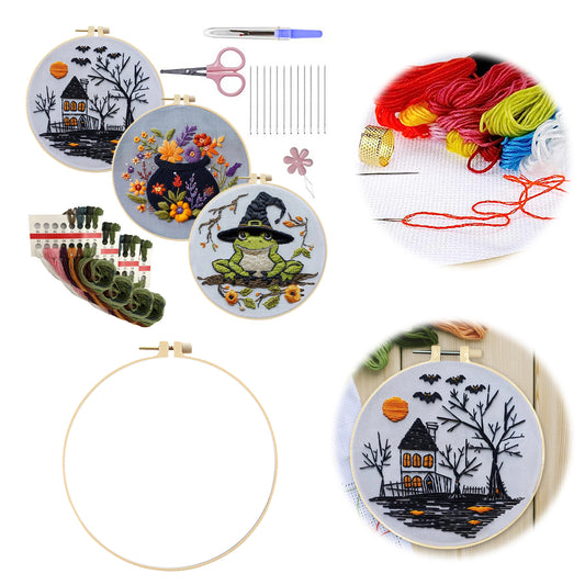 3PCS Halloween - DIY Embroidery Cross Stitch Kit with Pattern Cotton Threads Needles Hoop 25x25CM/9.84x9.84in