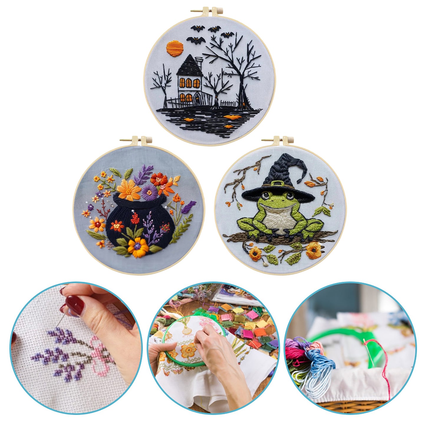 3PCS Halloween - DIY Embroidery Cross Stitch Kit with Pattern Cotton Threads Needles Hoop 25x25CM/9.84x9.84in