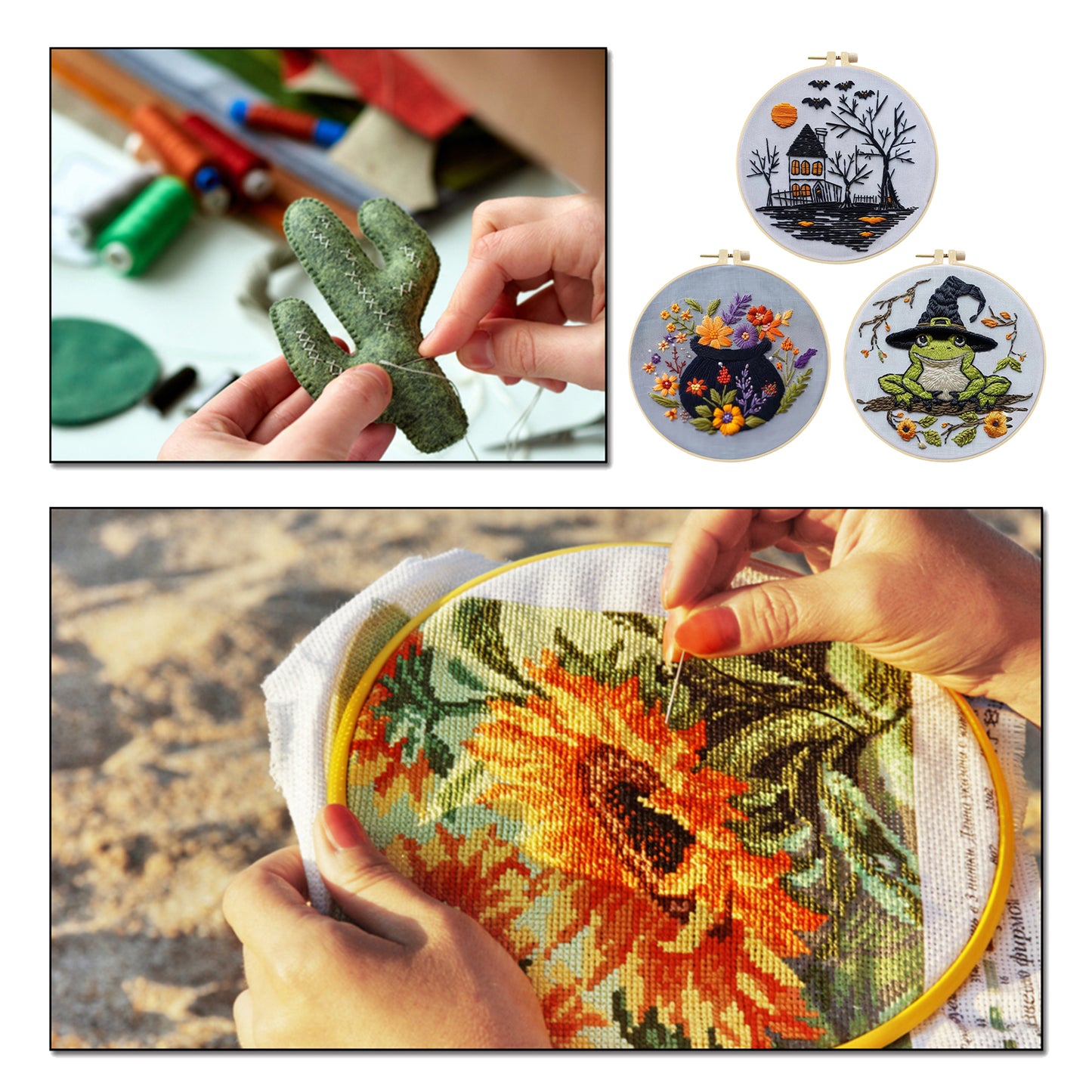 3PCS Halloween - DIY Embroidery Cross Stitch Kit with Pattern Cotton Threads Needles Hoop 25x25CM/9.84x9.84in
