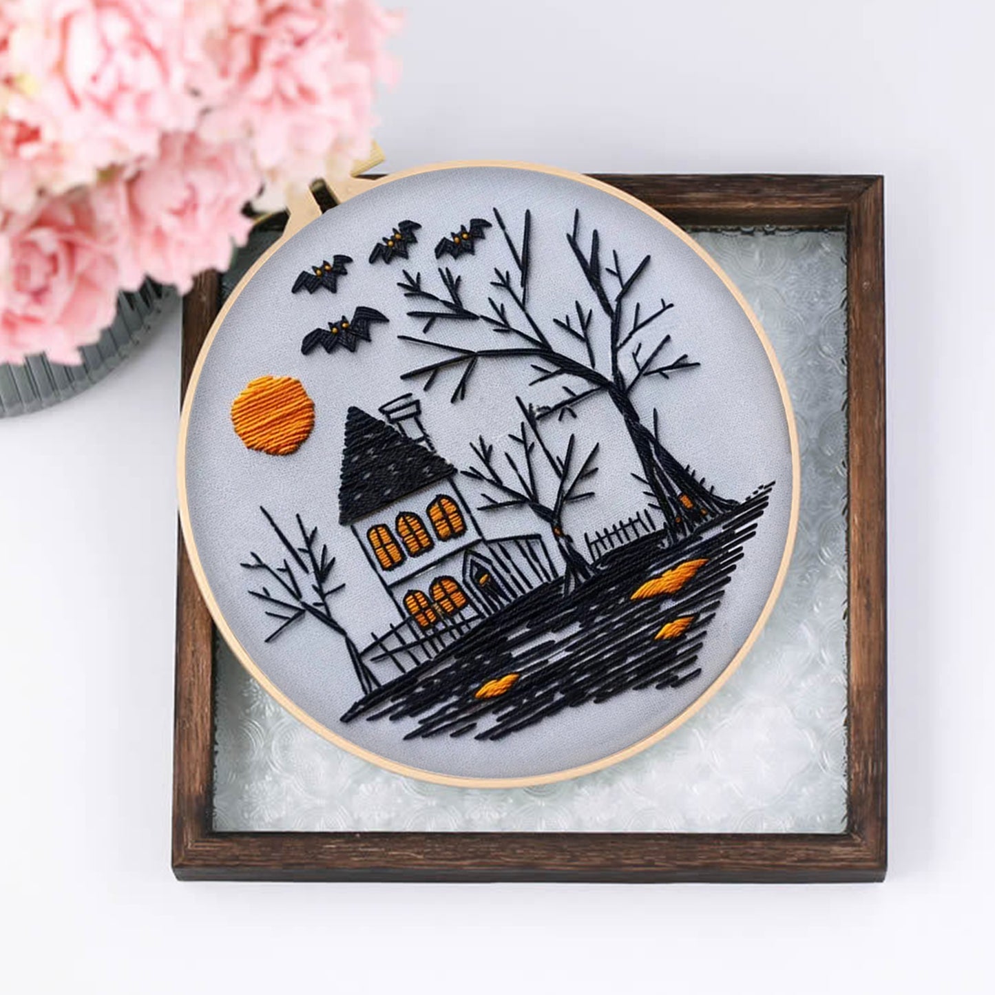 3PCS Halloween - DIY Embroidery Cross Stitch Kit with Pattern Cotton Threads Needles Hoop 25x25CM/9.84x9.84in