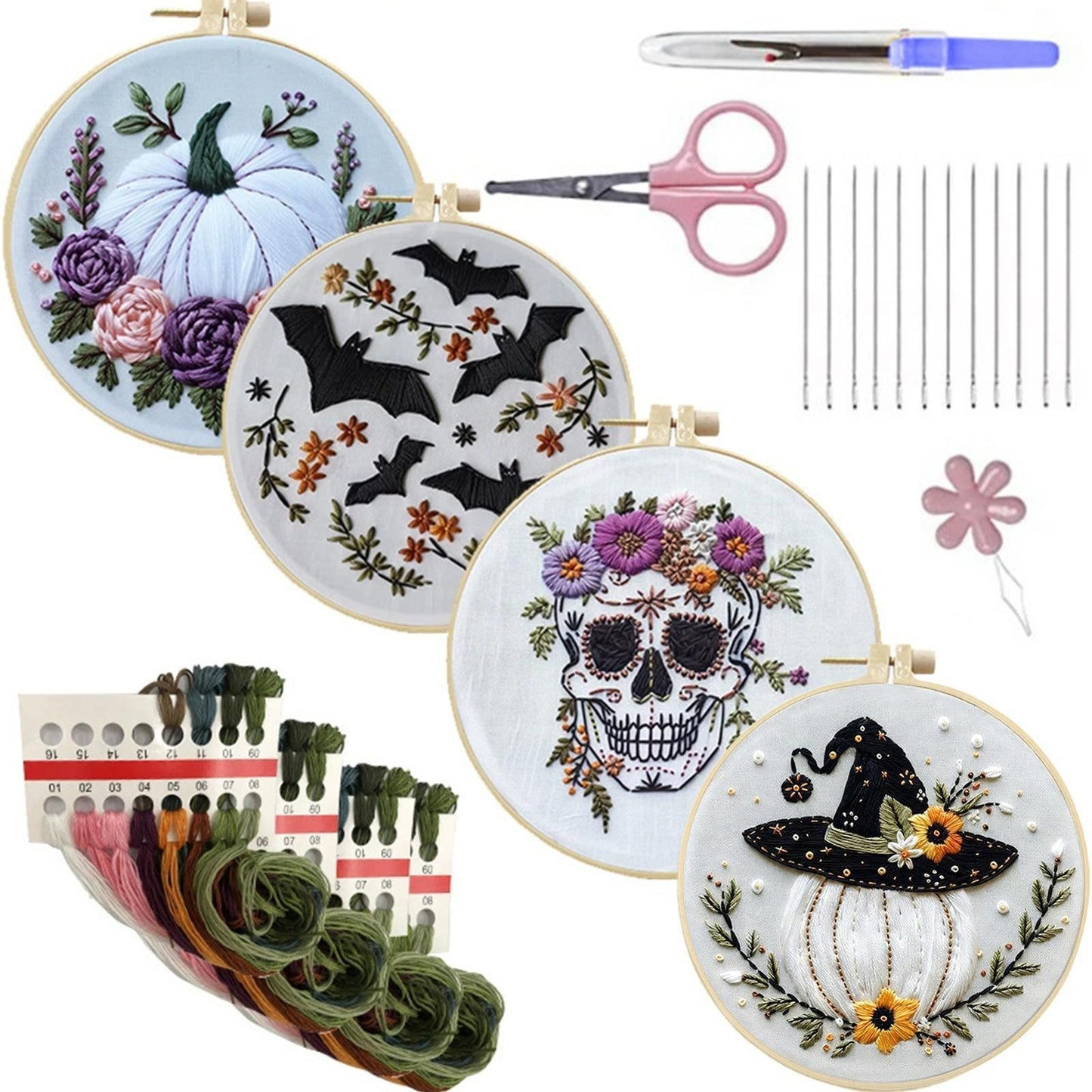 4PCS Halloween - DIY Embroidery Cross Stitch Kit with Pattern Cotton Threads Needles Hoop 25x25CM/9.84x9.84in