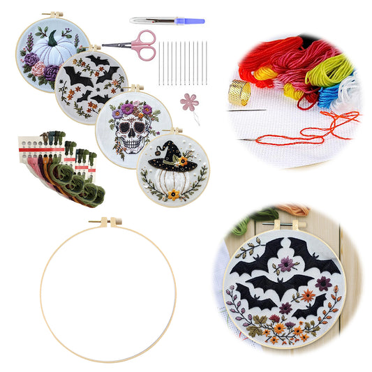 4PCS Halloween - DIY Embroidery Cross Stitch Kit with Pattern Cotton Threads Needles Hoop 25x25CM/9.84x9.84in