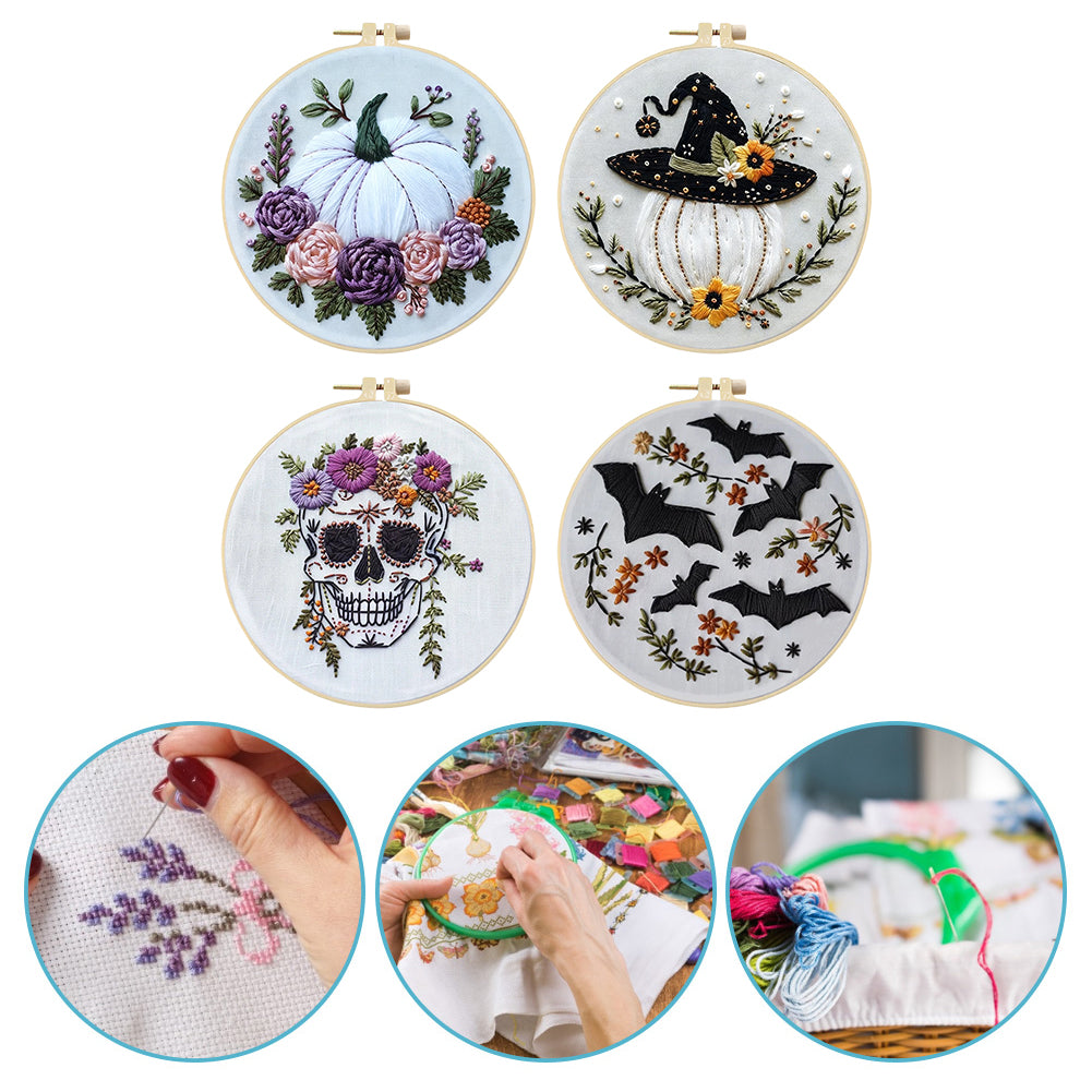 4PCS Halloween - DIY Embroidery Cross Stitch Kit with Pattern Cotton Threads Needles Hoop 25x25CM/9.84x9.84in