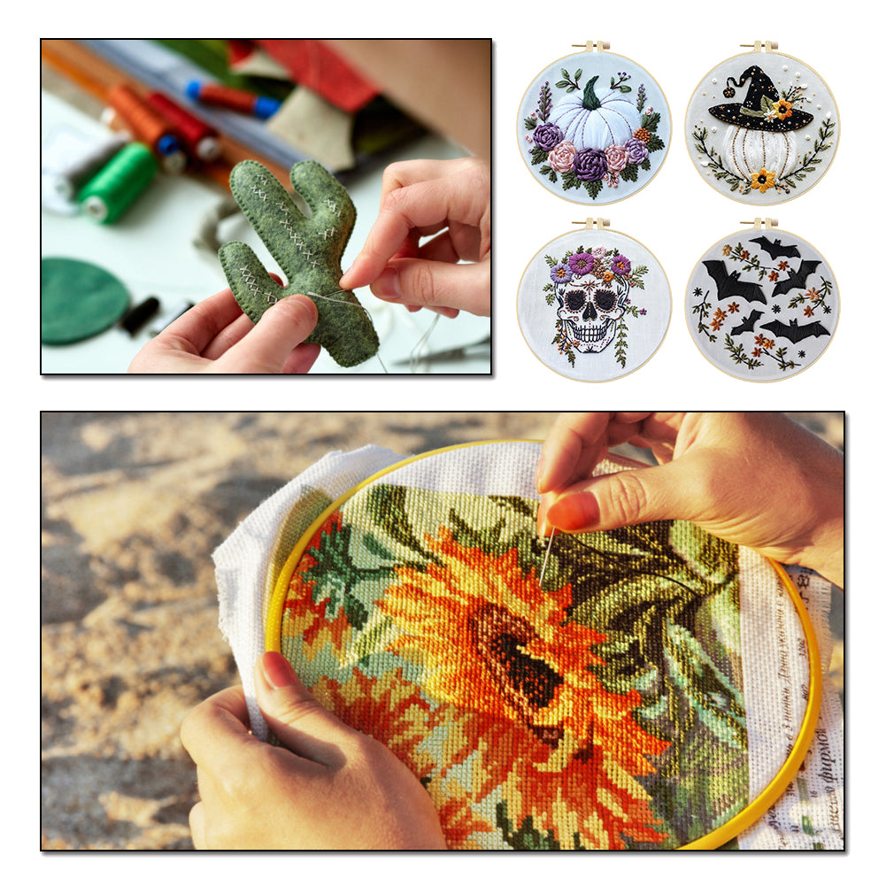 4PCS Halloween - DIY Embroidery Cross Stitch Kit with Pattern Cotton Threads Needles Hoop 25x25CM/9.84x9.84in