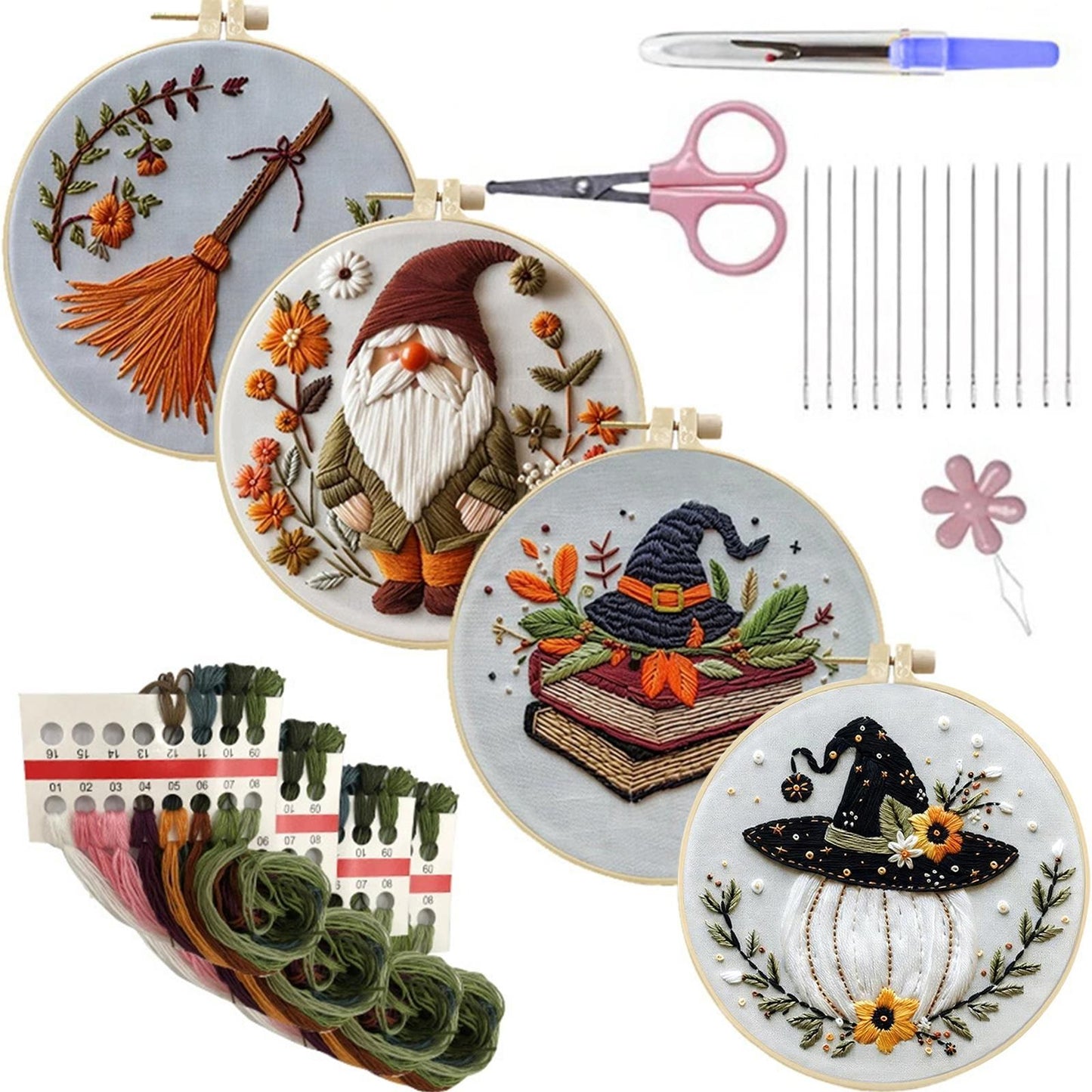 4PCS Christmas&Halloween - DIY Embroidery Cross Stitch Kit with Pattern Cotton Threads Needles Hoop 25x25CM/9.84x9.84in