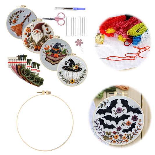 4PCS Christmas&Halloween - DIY Embroidery Cross Stitch Kit with Pattern Cotton Threads Needles Hoop 25x25CM/9.84x9.84in