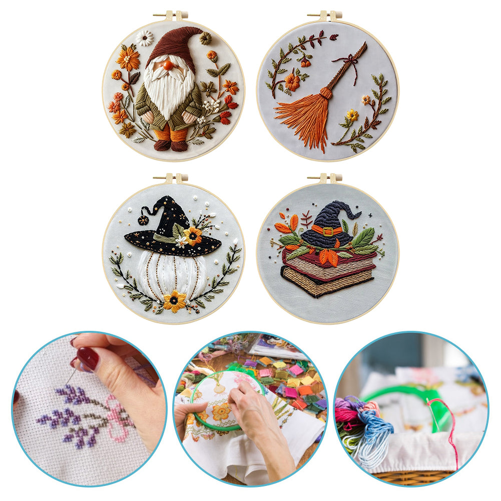 4PCS Christmas&Halloween - DIY Embroidery Cross Stitch Kit with Pattern Cotton Threads Needles Hoop 25x25CM/9.84x9.84in