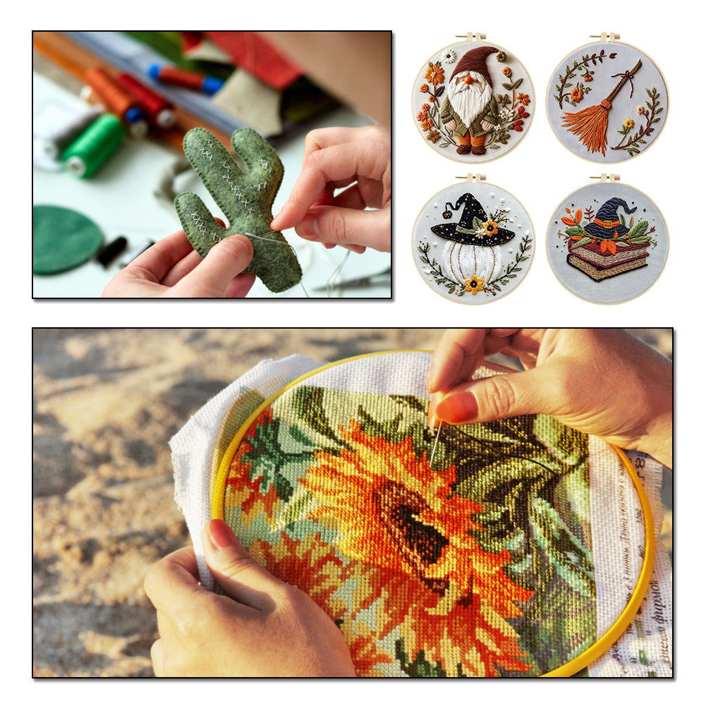 4PCS Christmas&Halloween - DIY Embroidery Cross Stitch Kit with Pattern Cotton Threads Needles Hoop 25x25CM/9.84x9.84in