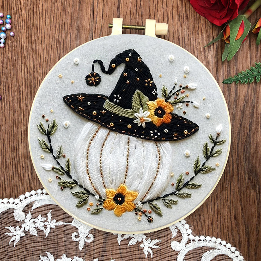 4PCS Christmas&Halloween - DIY Embroidery Cross Stitch Kit with Pattern Cotton Threads Needles Hoop 25x25CM/9.84x9.84in