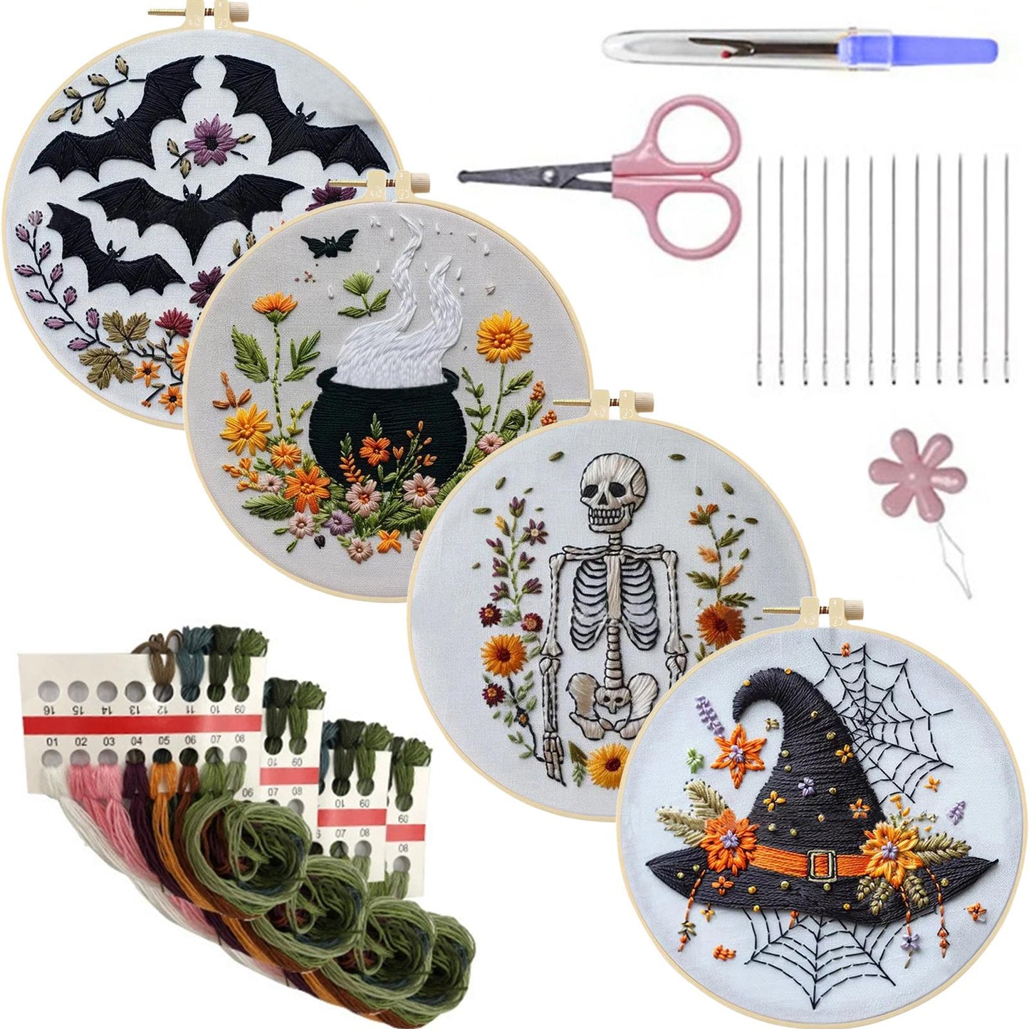 4PCS Halloween - DIY Embroidery Cross Stitch Kit with Pattern Cotton Threads Needles Hoop 25x25CM/9.84x9.84in