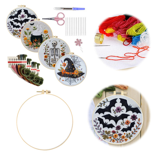 4PCS Halloween - DIY Embroidery Cross Stitch Kit with Pattern Cotton Threads Needles Hoop 25x25CM/9.84x9.84in