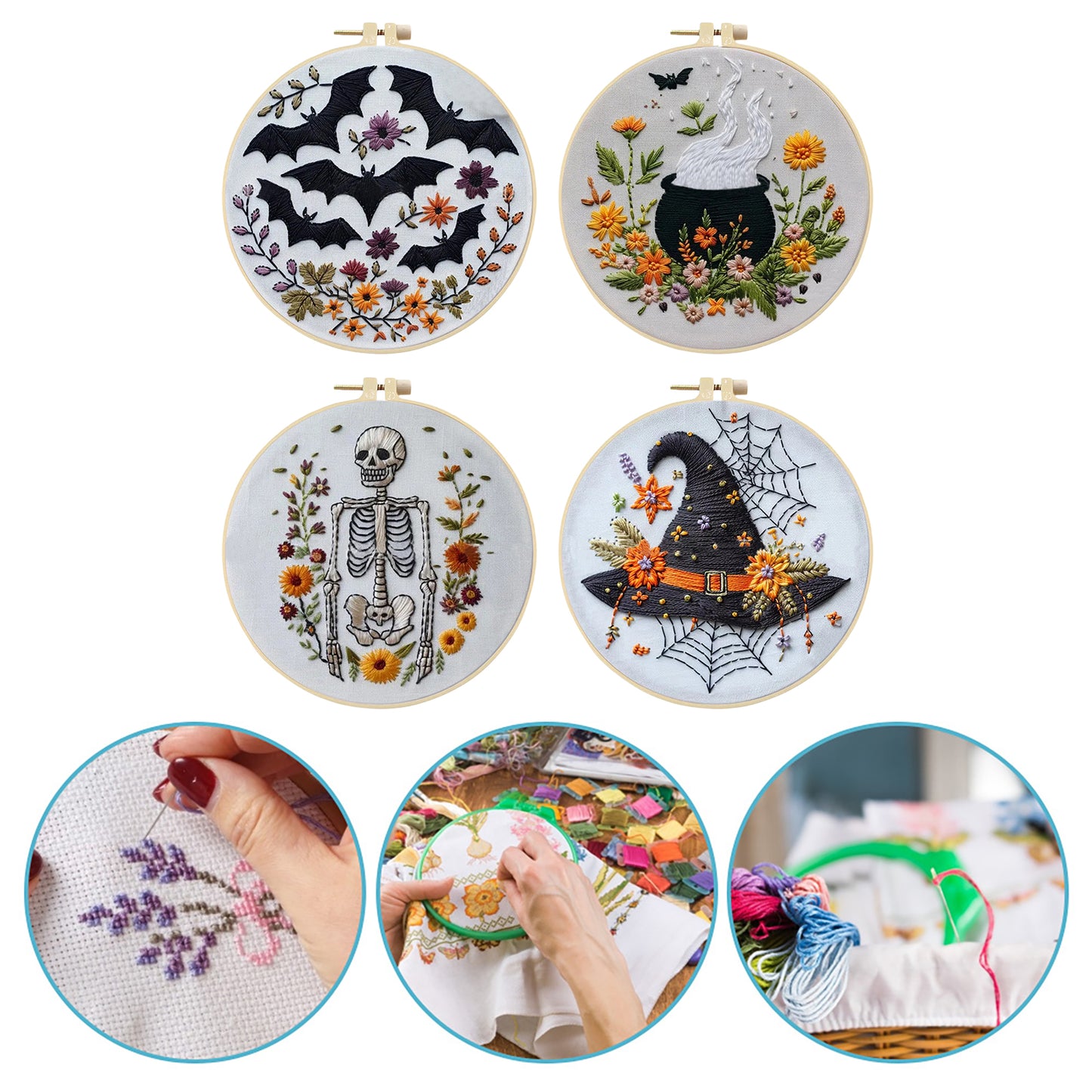 4PCS Halloween - DIY Embroidery Cross Stitch Kit with Pattern Cotton Threads Needles Hoop 25x25CM/9.84x9.84in