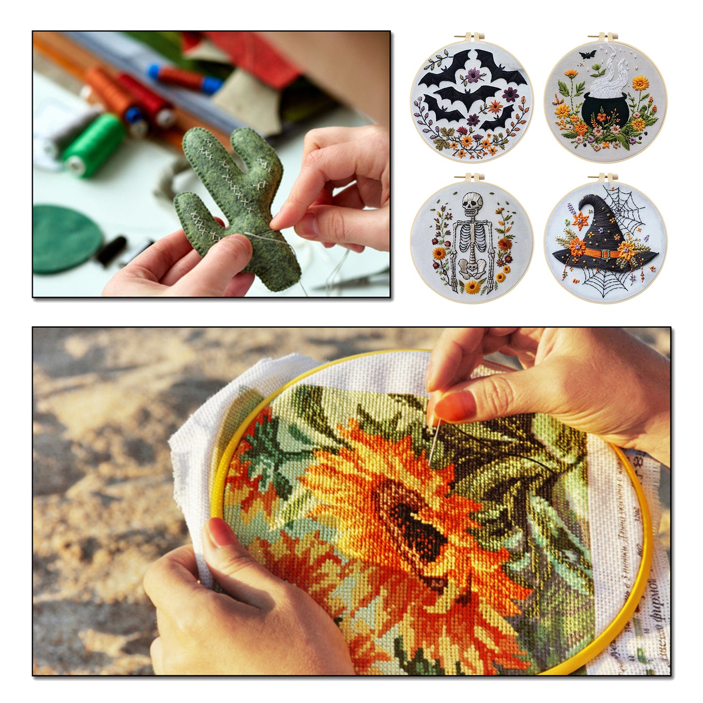 4PCS Halloween - DIY Embroidery Cross Stitch Kit with Pattern Cotton Threads Needles Hoop 25x25CM/9.84x9.84in