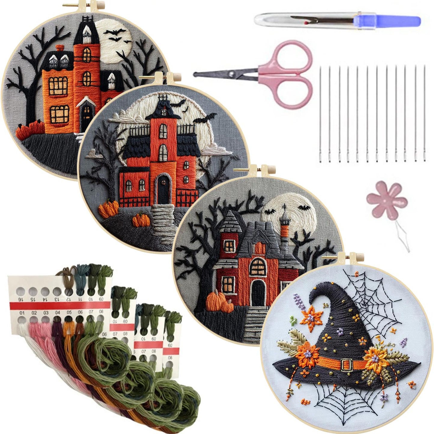 4PCS Halloween - DIY Embroidery Cross Stitch Kit with Pattern Cotton Threads Needles Hoop 25x25CM/9.84x9.84in