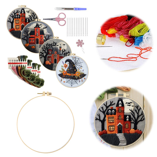4PCS Halloween - DIY Embroidery Cross Stitch Kit with Pattern Cotton Threads Needles Hoop 25x25CM/9.84x9.84in