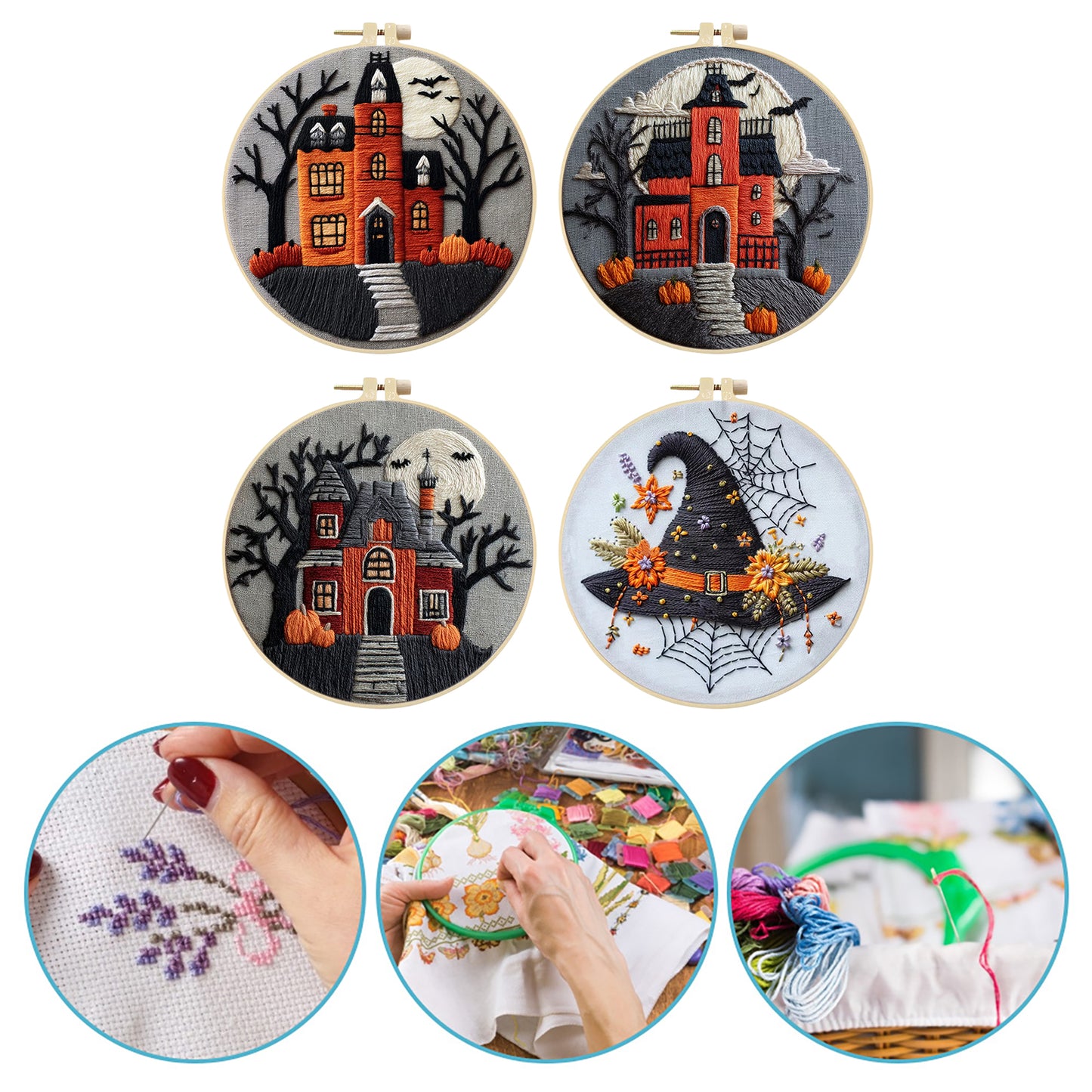 4PCS Halloween - DIY Embroidery Cross Stitch Kit with Pattern Cotton Threads Needles Hoop 25x25CM/9.84x9.84in