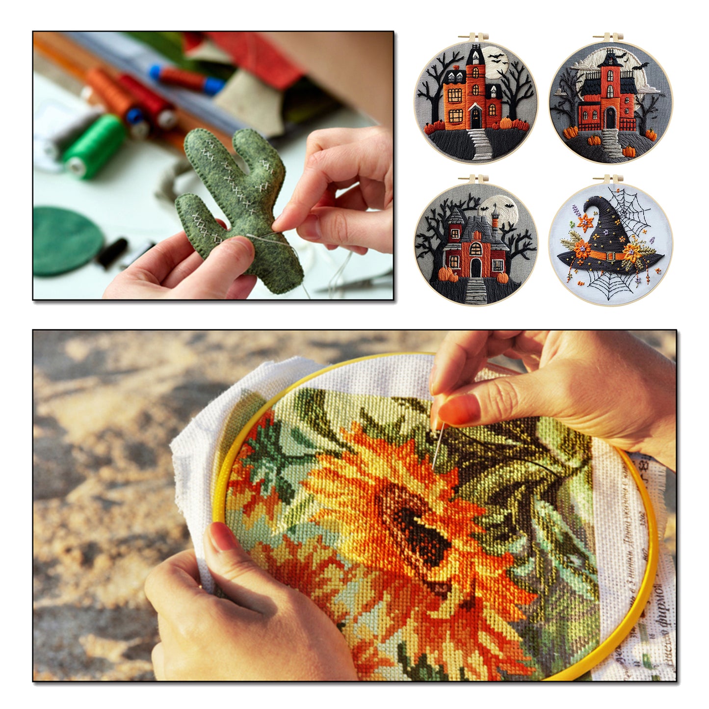 4PCS Halloween - DIY Embroidery Cross Stitch Kit with Pattern Cotton Threads Needles Hoop 25x25CM/9.84x9.84in