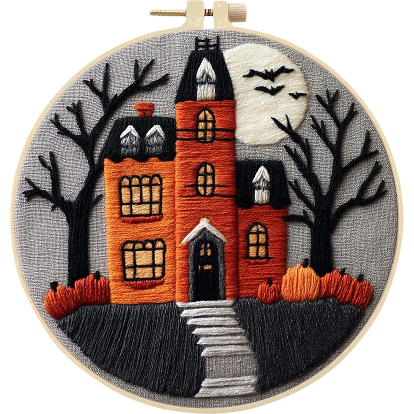 4PCS Halloween - DIY Embroidery Cross Stitch Kit with Pattern Cotton Threads Needles Hoop 25x25CM/9.84x9.84in