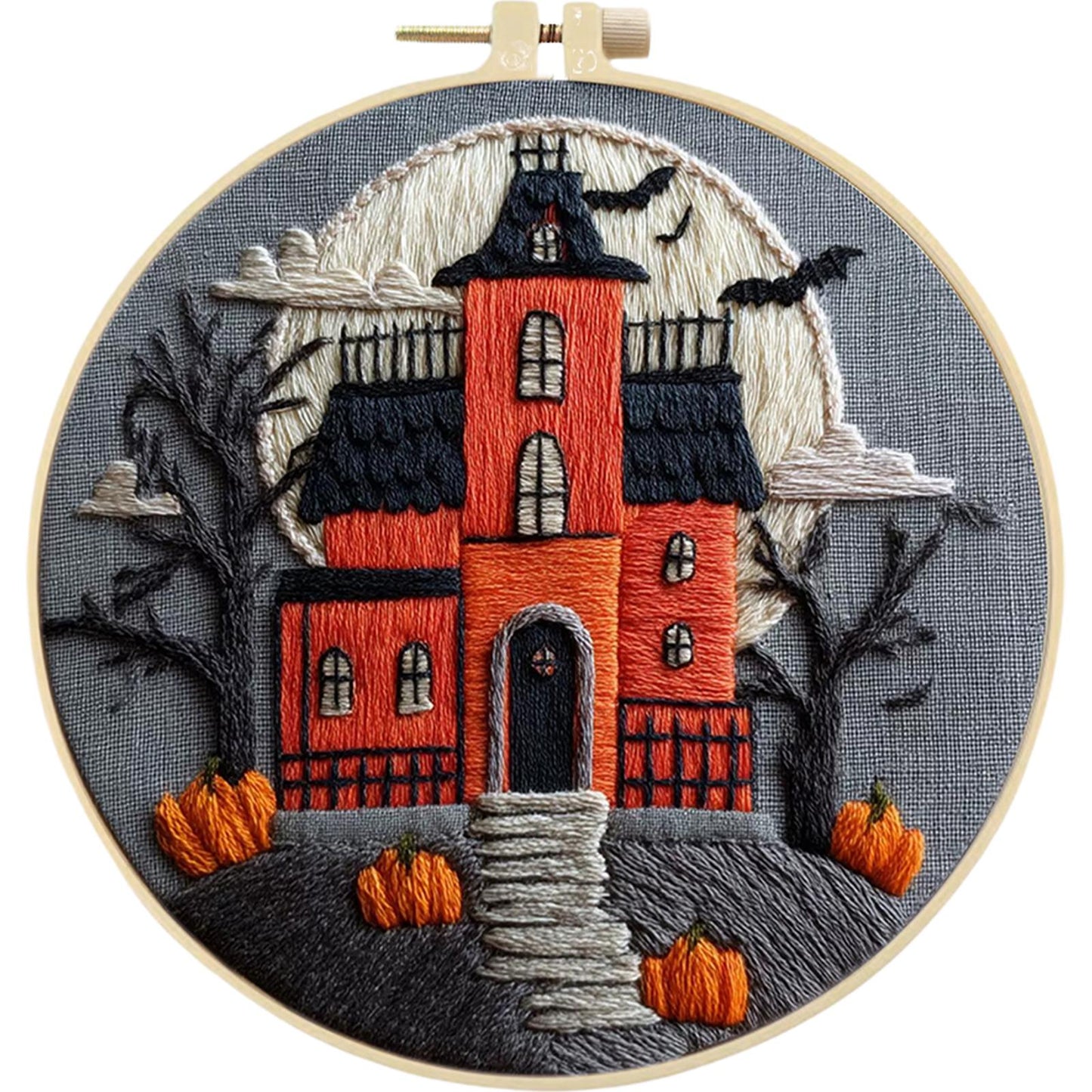 4PCS Halloween - DIY Embroidery Cross Stitch Kit with Pattern Cotton Threads Needles Hoop 25x25CM/9.84x9.84in
