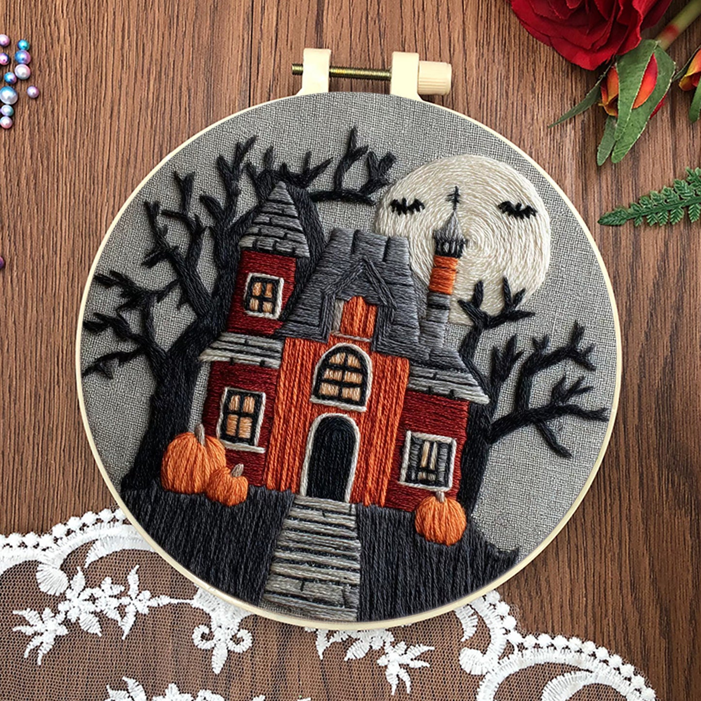 4PCS Halloween - DIY Embroidery Cross Stitch Kit with Pattern Cotton Threads Needles Hoop 25x25CM/9.84x9.84in