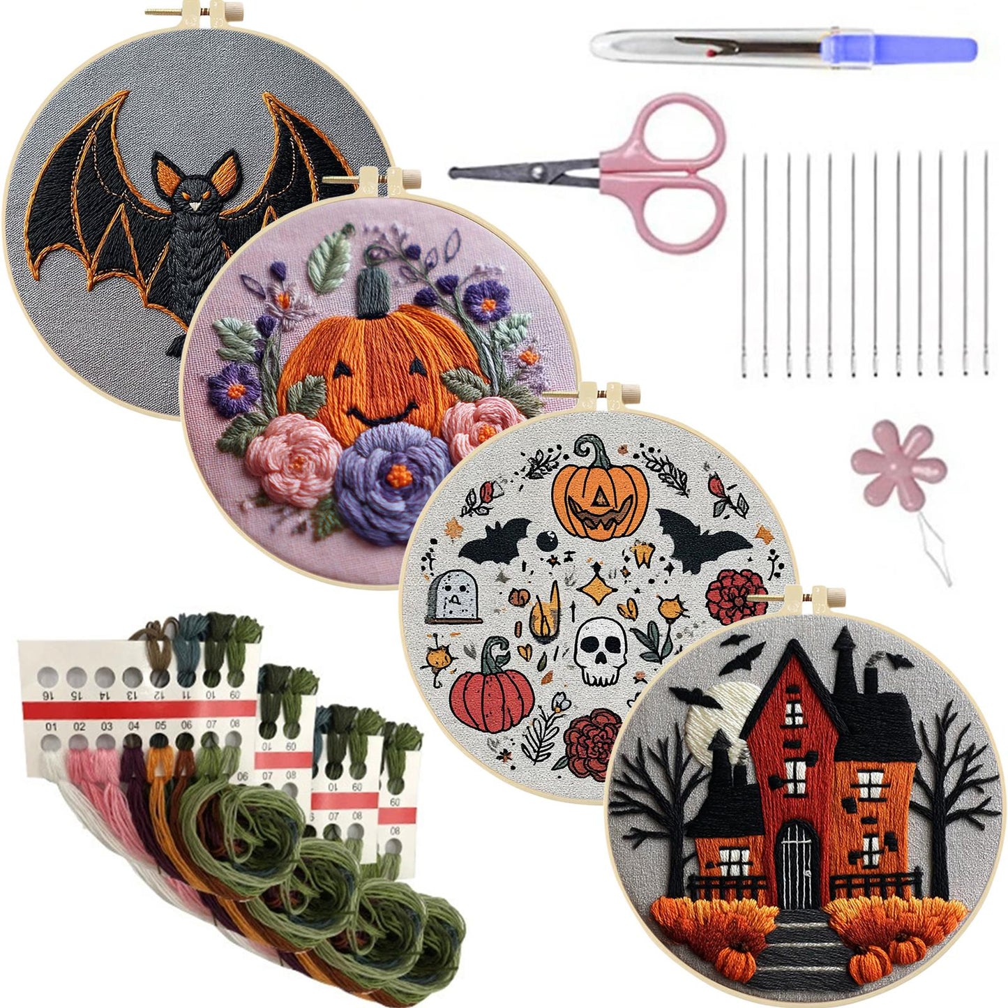 4PCS Halloween - DIY Embroidery Cross Stitch Kit with Pattern Cotton Threads Needles Hoop 25x25CM/9.84x9.84in