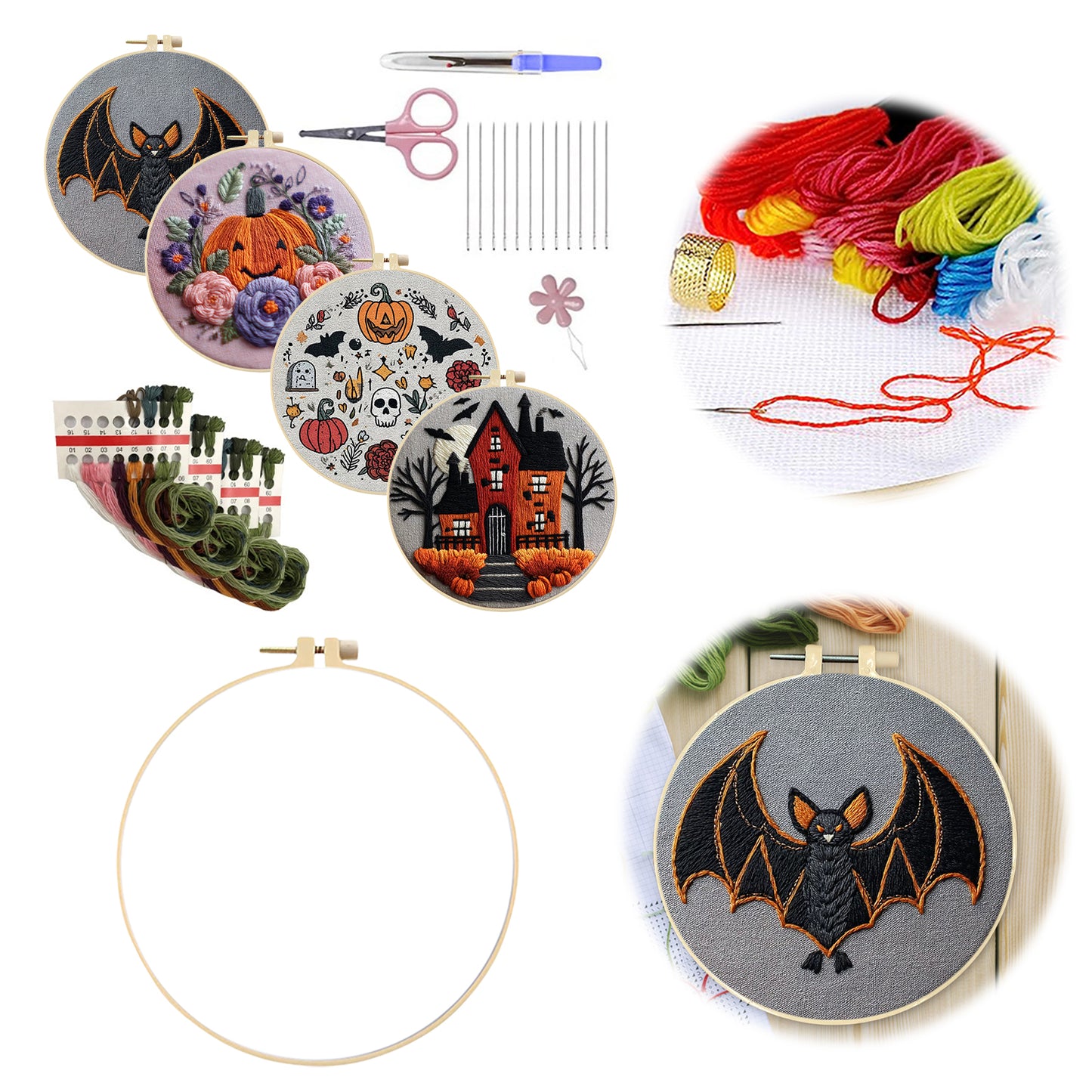 4PCS Halloween - DIY Embroidery Cross Stitch Kit with Pattern Cotton Threads Needles Hoop 25x25CM/9.84x9.84in