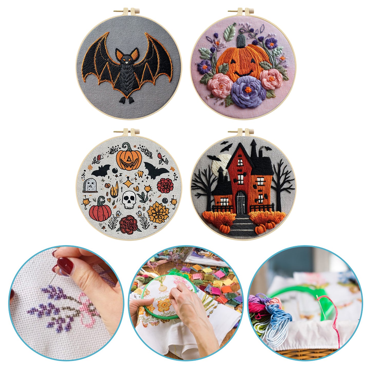 4PCS Halloween - DIY Embroidery Cross Stitch Kit with Pattern Cotton Threads Needles Hoop 25x25CM/9.84x9.84in