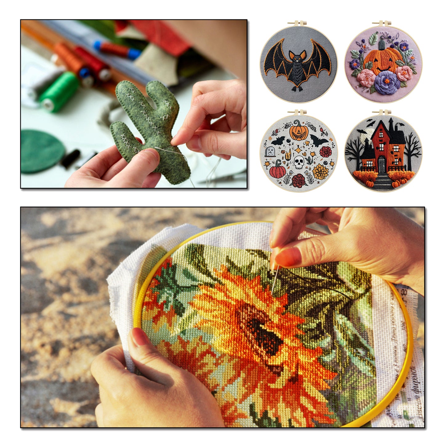 4PCS Halloween - DIY Embroidery Cross Stitch Kit with Pattern Cotton Threads Needles Hoop 25x25CM/9.84x9.84in