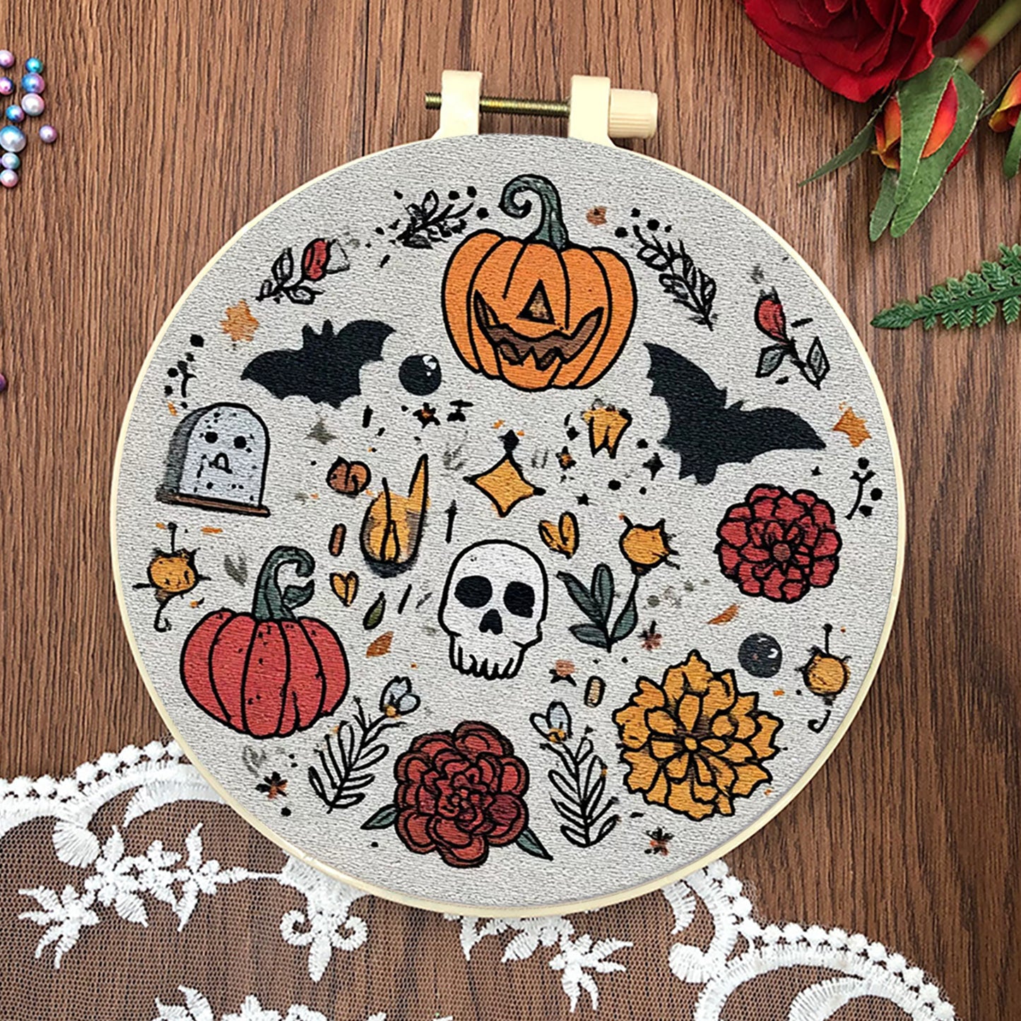 4PCS Halloween - DIY Embroidery Cross Stitch Kit with Pattern Cotton Threads Needles Hoop 25x25CM/9.84x9.84in