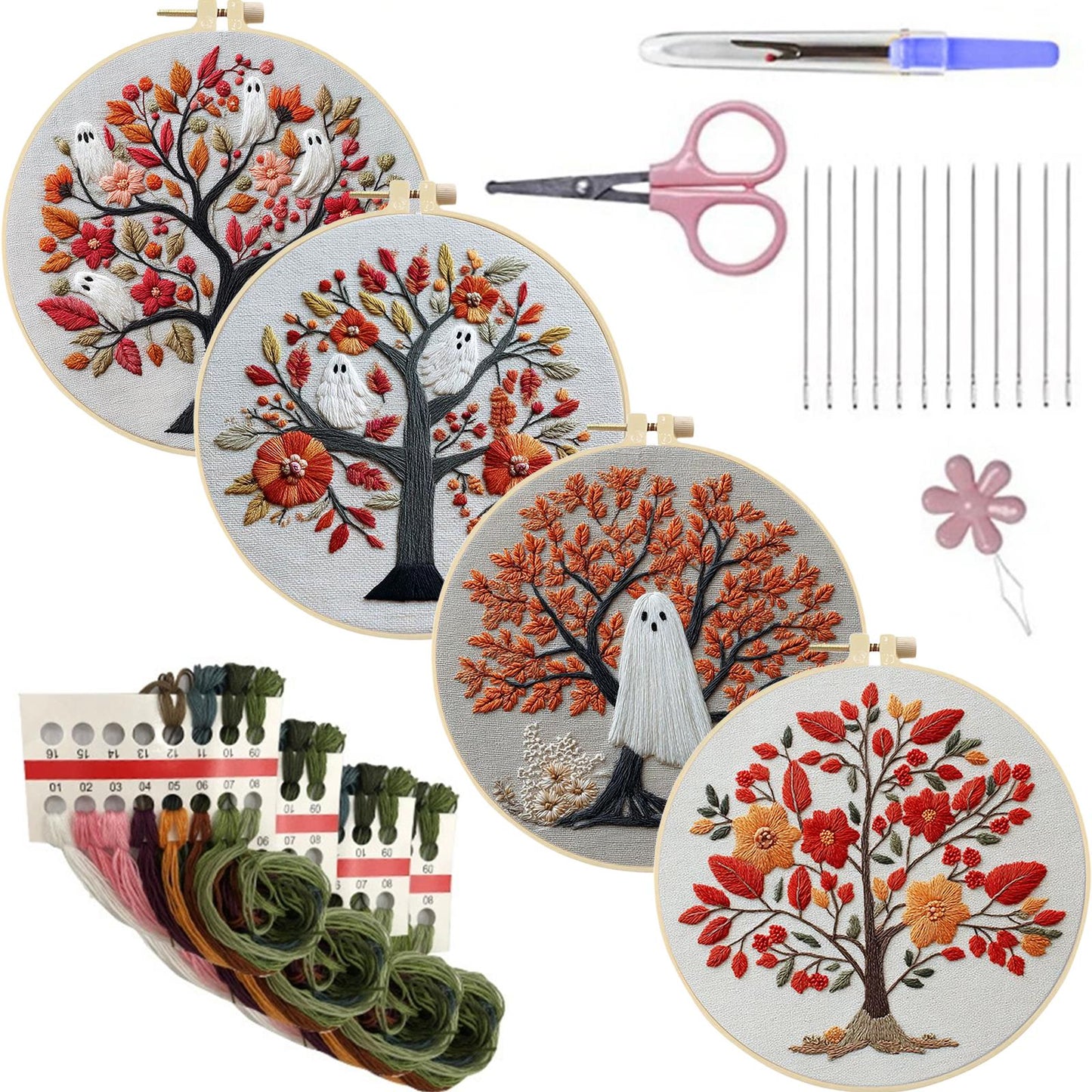 4PCS Halloween - DIY Embroidery Cross Stitch Kit with Pattern Cotton Threads Needles Hoop 25x25CM/9.84x9.84in