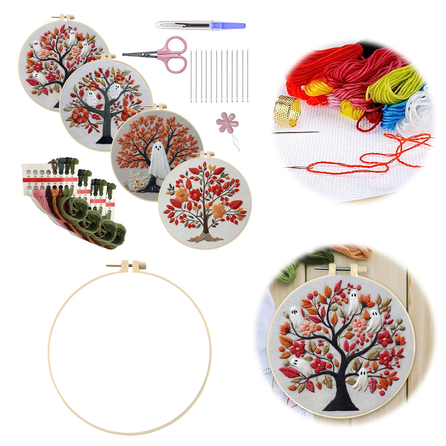 4PCS Halloween - DIY Embroidery Cross Stitch Kit with Pattern Cotton Threads Needles Hoop 25x25CM/9.84x9.84in