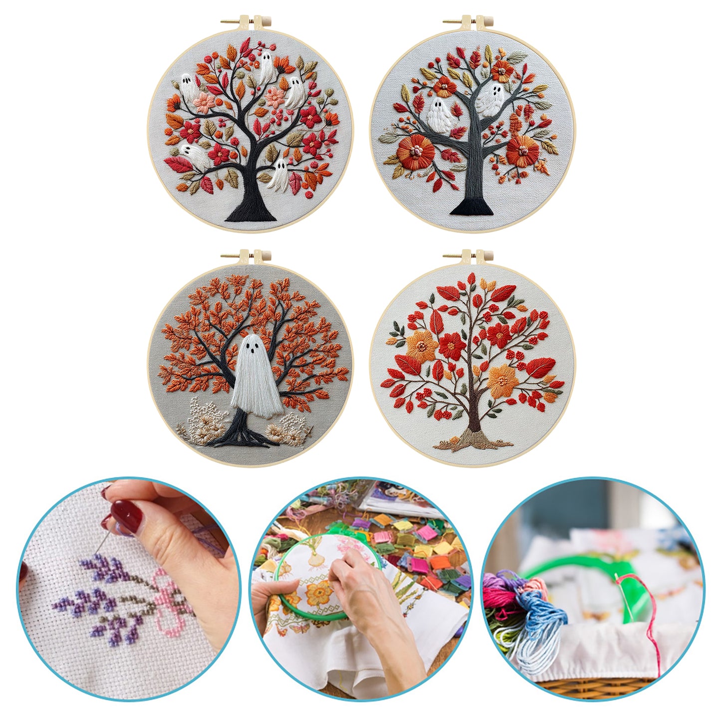 4PCS Halloween - DIY Embroidery Cross Stitch Kit with Pattern Cotton Threads Needles Hoop 25x25CM/9.84x9.84in