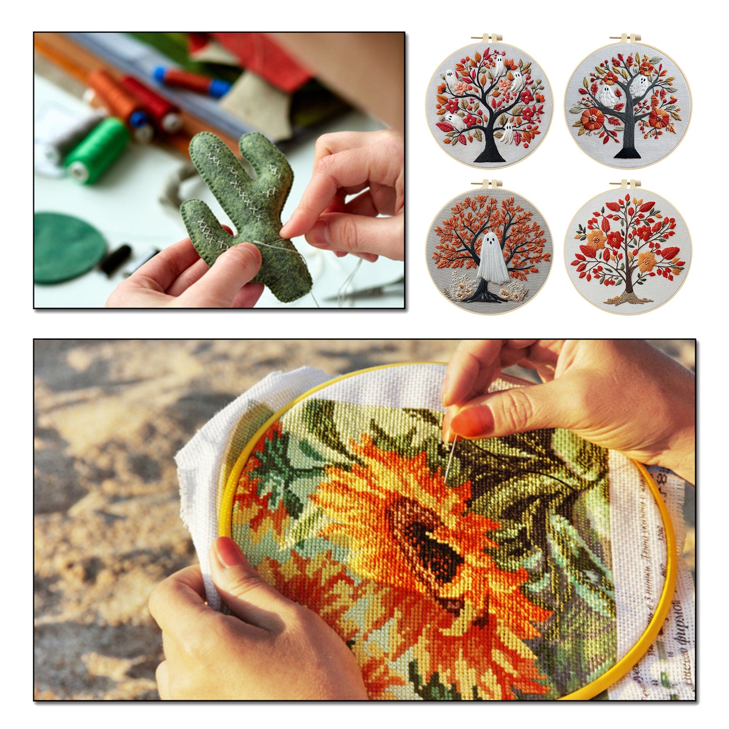 4PCS Halloween - DIY Embroidery Cross Stitch Kit with Pattern Cotton Threads Needles Hoop 25x25CM/9.84x9.84in