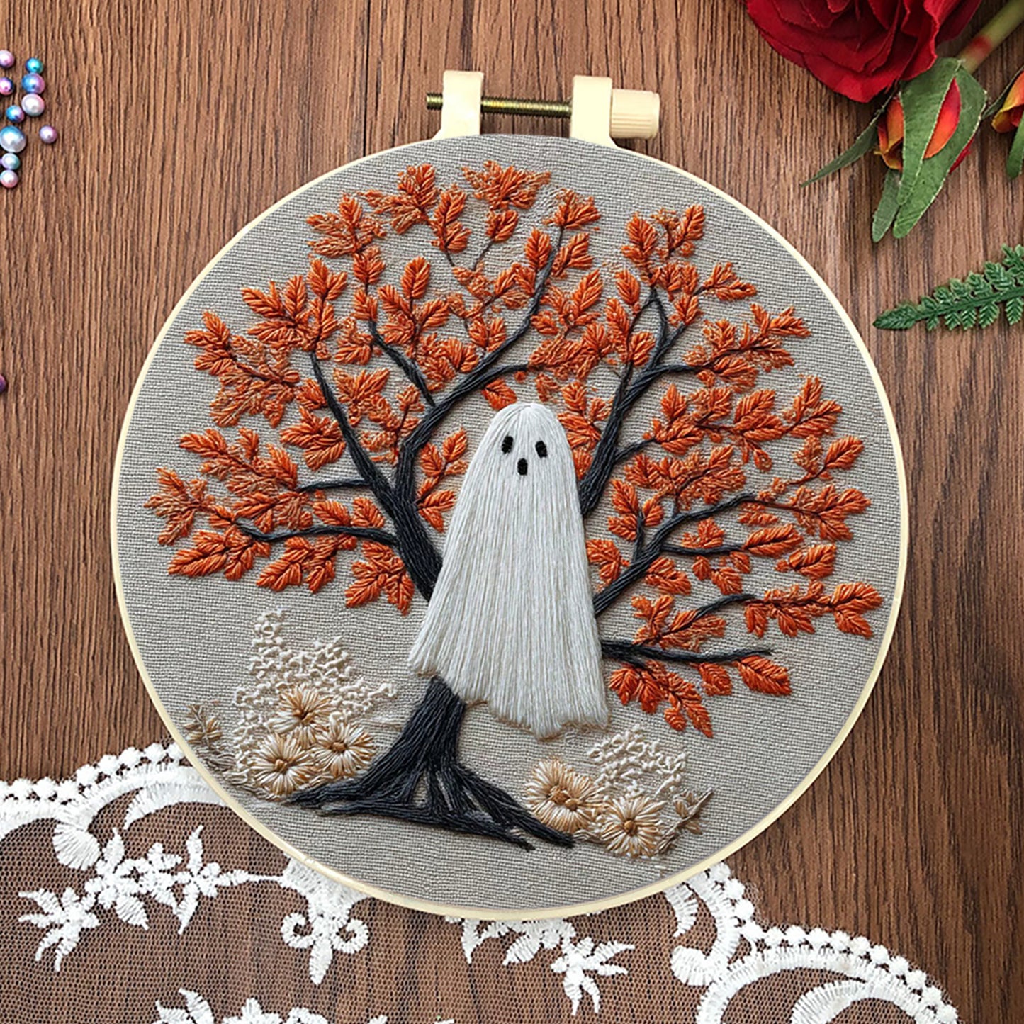 4PCS Halloween - DIY Embroidery Cross Stitch Kit with Pattern Cotton Threads Needles Hoop 25x25CM/9.84x9.84in