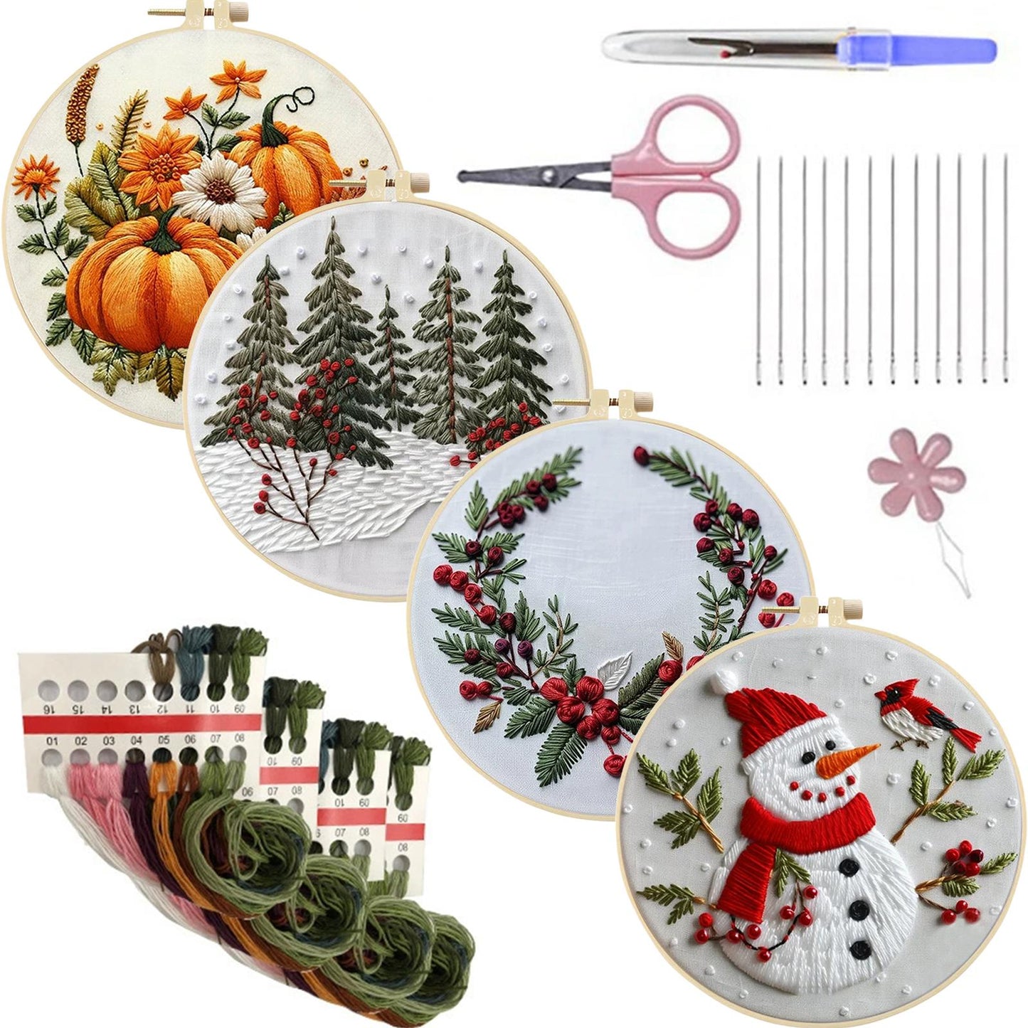 4PCS Christmas - DIY Embroidery Cross Stitch Kit with Pattern Cotton Threads Needles Hoop 25x25CM/9.84x9.84in