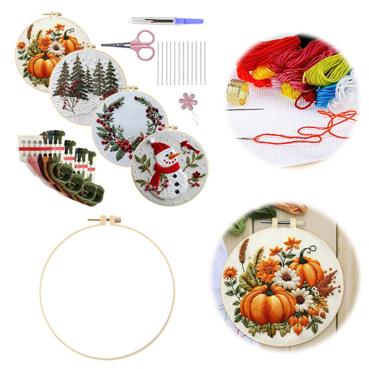 4PCS Christmas - DIY Embroidery Cross Stitch Kit with Pattern Cotton Threads Needles Hoop 25x25CM/9.84x9.84in