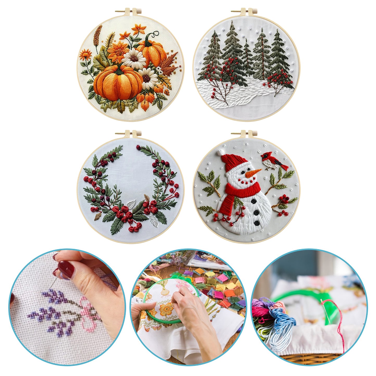 4PCS Christmas - DIY Embroidery Cross Stitch Kit with Pattern Cotton Threads Needles Hoop 25x25CM/9.84x9.84in