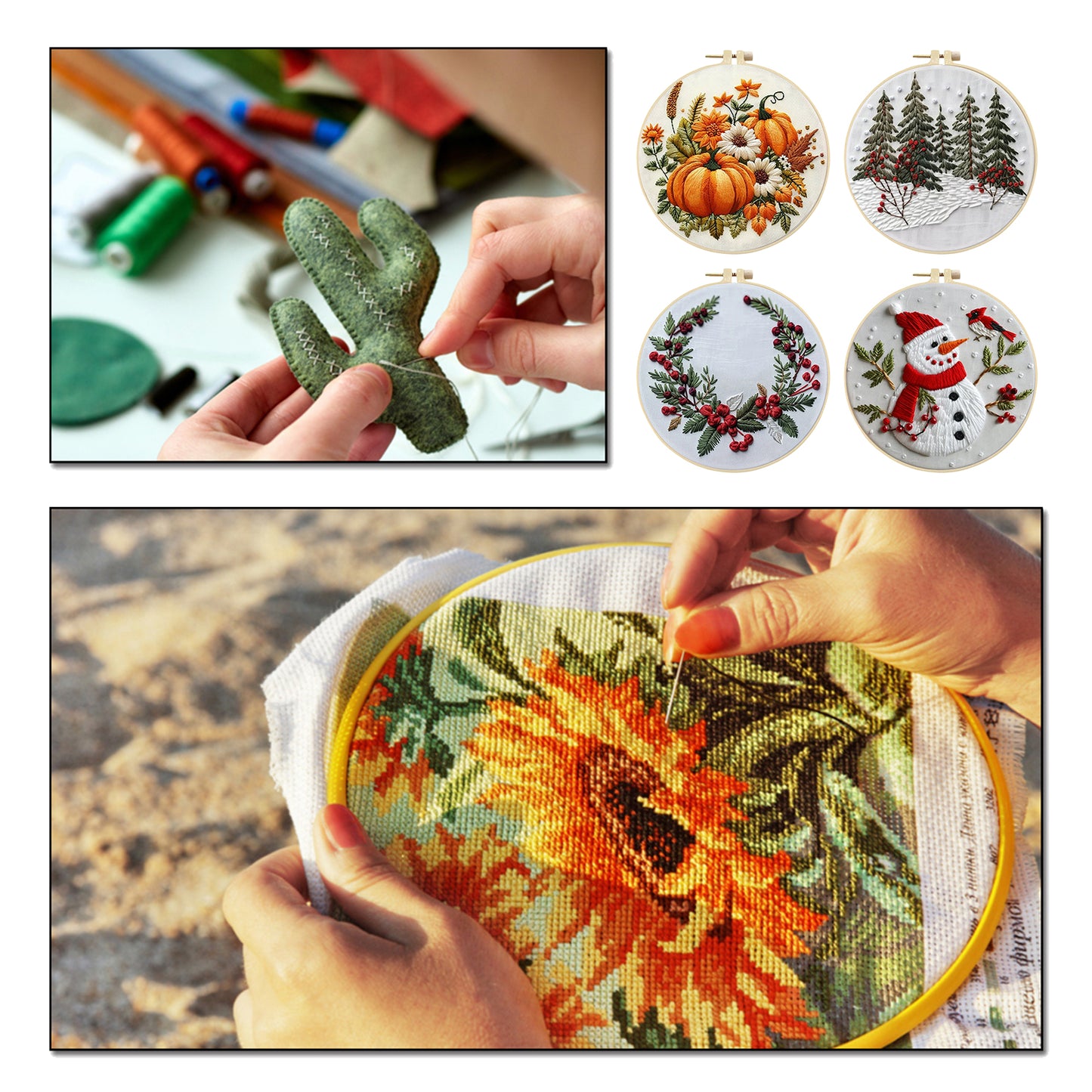 4PCS Christmas - DIY Embroidery Cross Stitch Kit with Pattern Cotton Threads Needles Hoop 25x25CM/9.84x9.84in