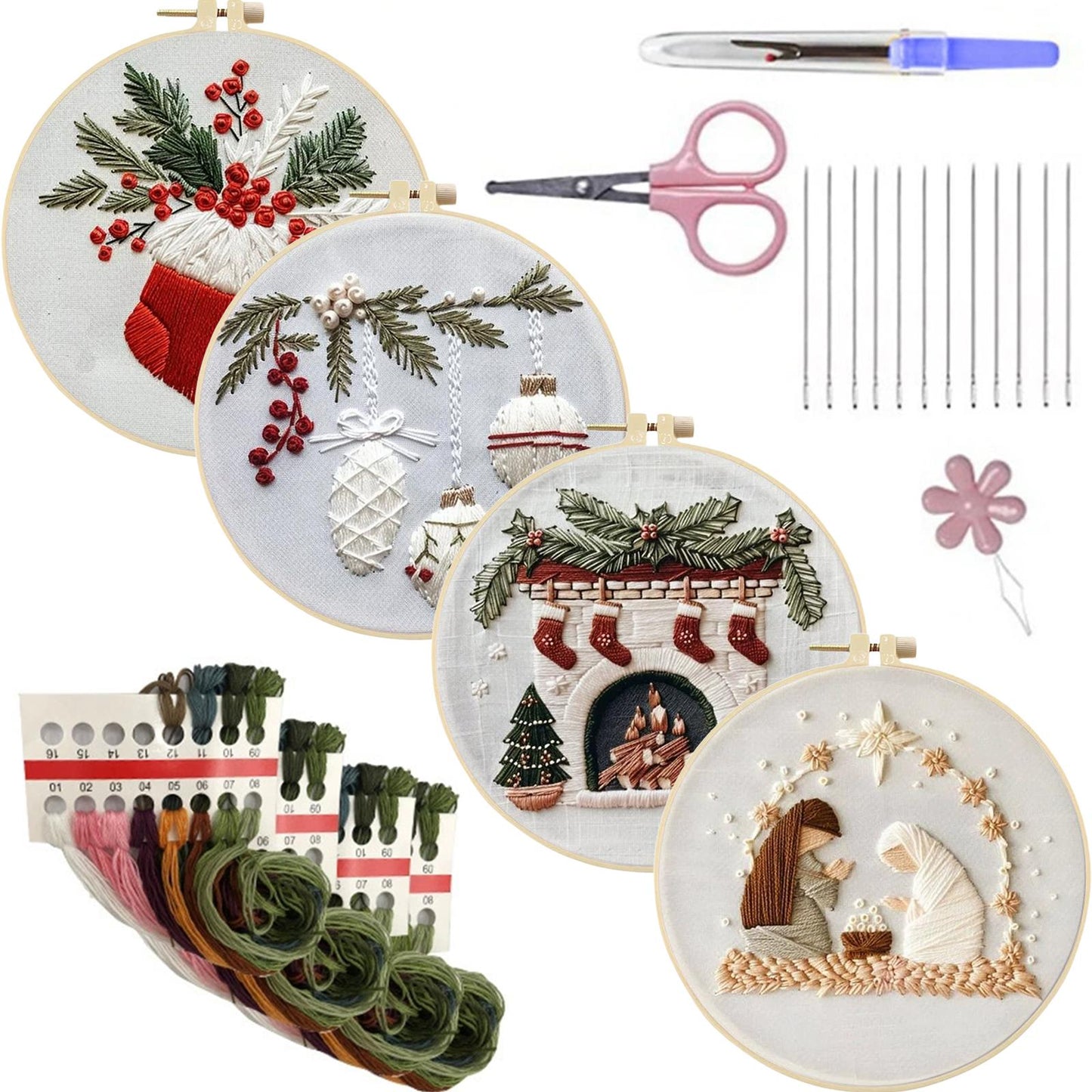 4PCS Christmas - DIY Embroidery Cross Stitch Kit with Pattern Cotton Threads Needles Hoop 25x25CM/9.84x9.84in