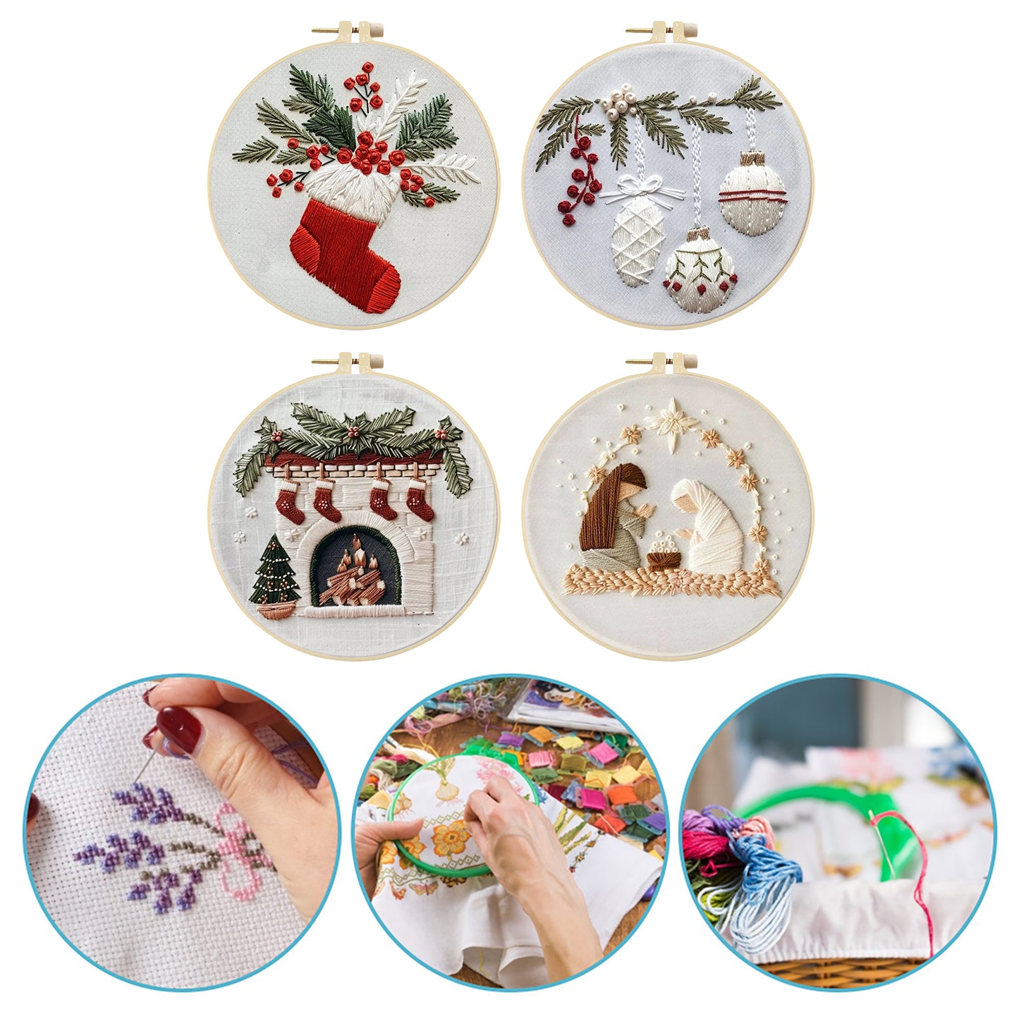 4PCS Christmas - DIY Embroidery Cross Stitch Kit with Pattern Cotton Threads Needles Hoop 25x25CM/9.84x9.84in